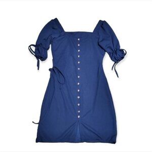 Gold button accent Blue Navy Printed dress